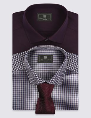2 Pack Easy to Iron Tailored Fit Checked Shirts with Tie